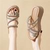 Niche rhinestone sandals slippers women's summer wear pinch feet fat wide set toes French Roman beach thick bottom wedge sandals
