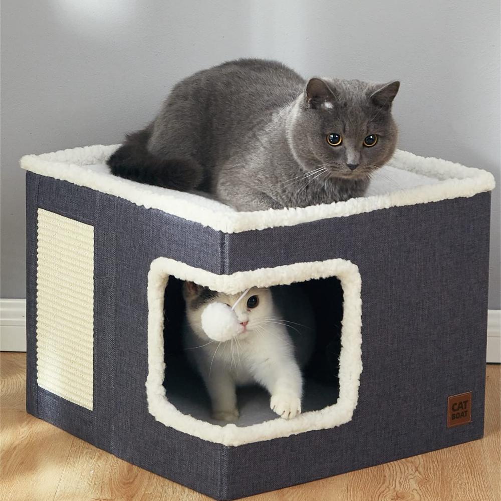 Cat Houses for Indoor Cats,Large Cat Bed Cave with Scratch Pad and Fluffy Ball, Foldable Cat Condo Hideaway