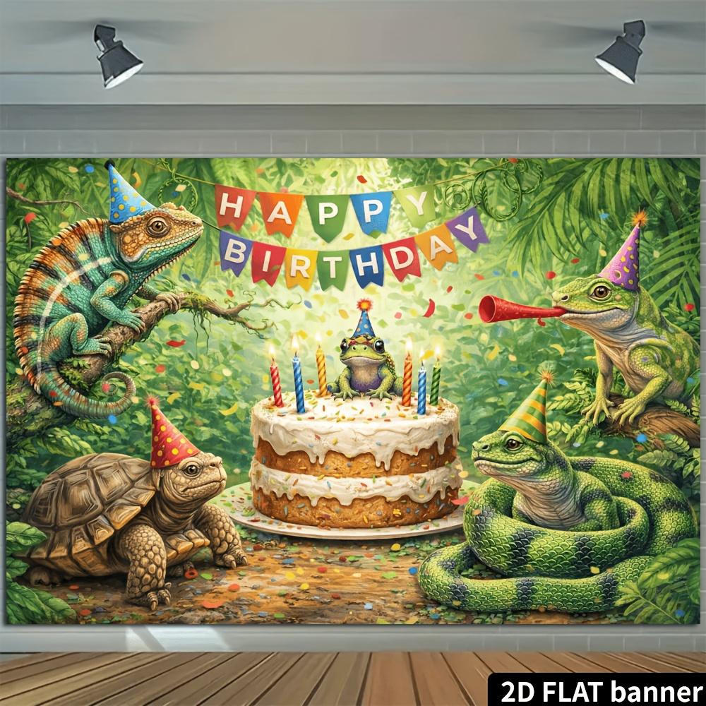 Bannière d'anniversaire 2D plate - Thème reptiles de la jungle, adaptée aux réunions de famille et aux événements de bureau