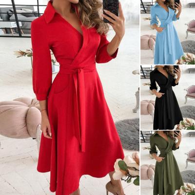 Podzim Jarní Dámské šaty A-Line Big Swing Výstřih do V Pásek Těsný Vysoký Pas Dlouhý Rukáv Kapsy Měkké do poloviny lýtek Párty Prom Midi šaty