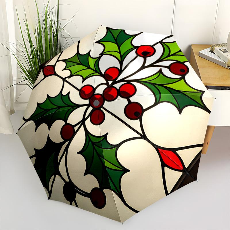 1pc Stained Glass Holly Automatic Folding Umbrella with 8-Rib Windproof Design, Portable Foldable Sunshade Umbrella For Halloween 030