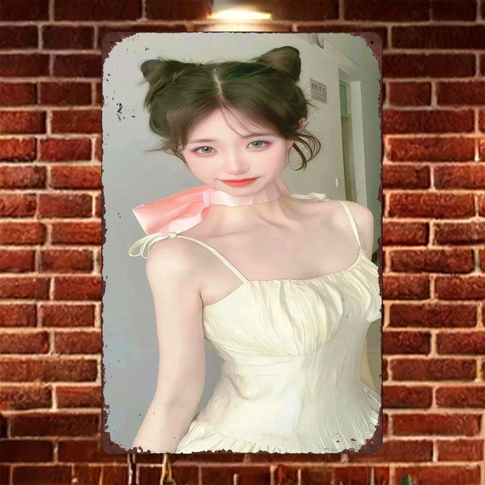 

HD Tin Sign Vintage Cute Asian Girl with Cat Ear Hairstyle White Dress Metal Wall Art Retro Decor for Home Bar Cafe 20x30cm（7.8x11.8inch）