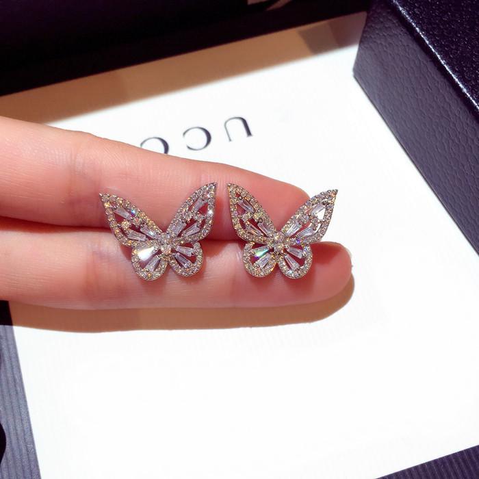 Silver Tone Full Zircon Stone Butterfly Earrings Female Temperament Korean Personality Minimalist Minimalist Wild Net Red Earrings Tremella