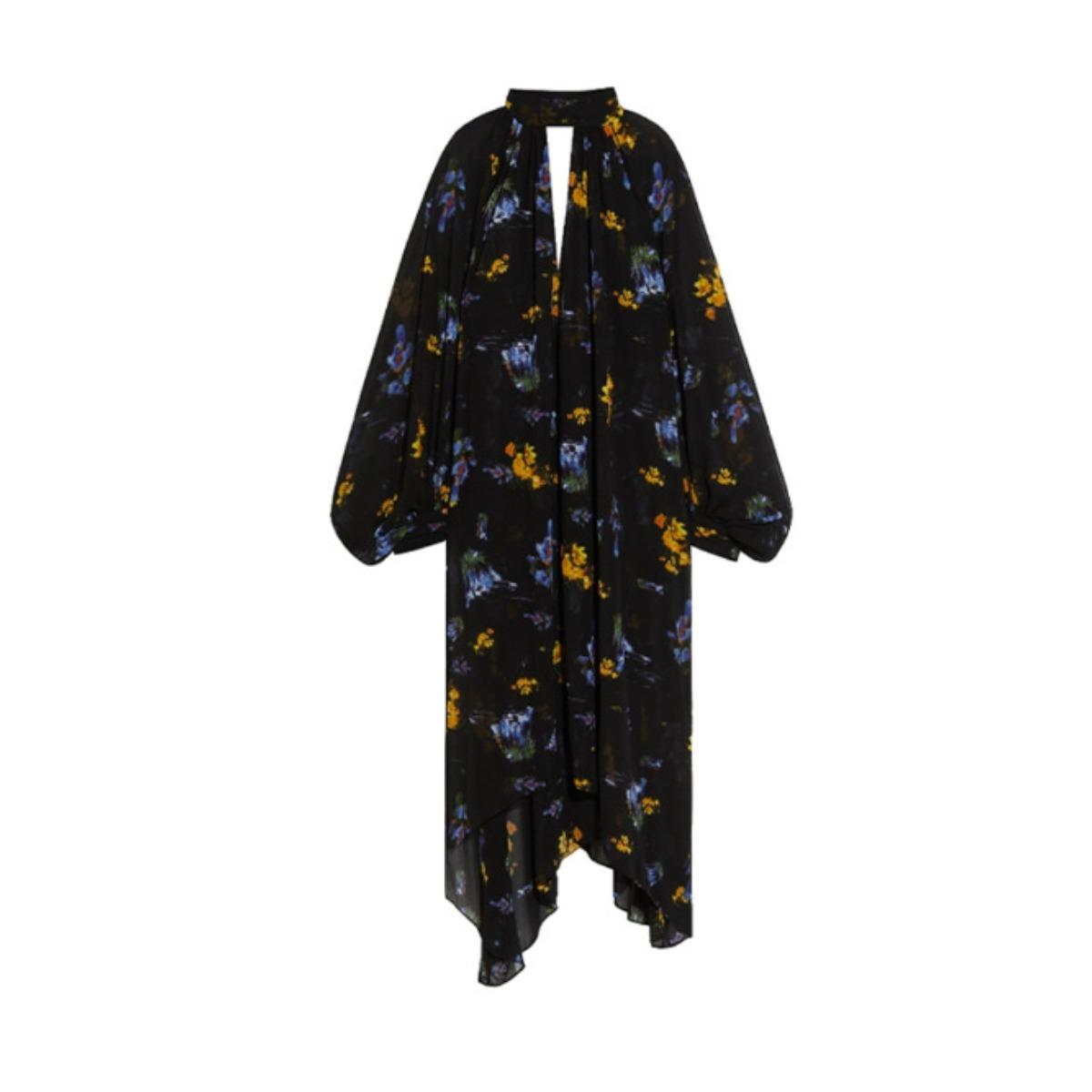 Women s V Neck Long Sleeve Maxi Dress A Line Mid Waist Floral Chiffon Sundress S