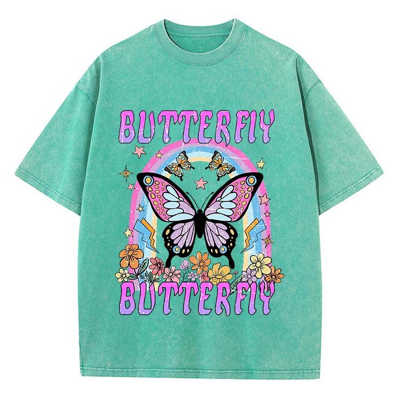 Oversized Women Washed T-Shirts Rainbow And Butterfly Printed Tee Shirts Cotton Oversize Tees Vintage Female Clothes