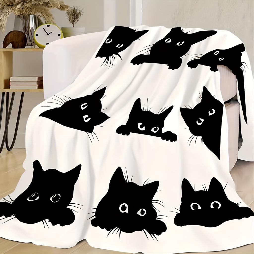 Black cat expression pattern Flannel printed blanket suitable for all seasons suitable for living room office sofa and travel