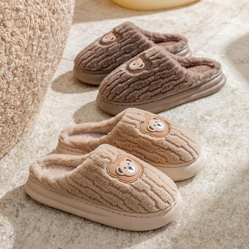 Home cotton slippers winter indoor thick bottom non-slip velvet warm couple bear pattern light cotton slippers