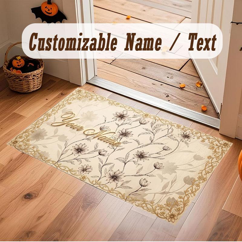 Floral Garden Theme Crystal Velvet Floor Rug Personalized Custom Name Text Warm Carpet Home Decoration