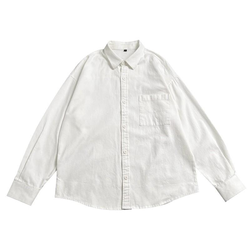 Men's White Cotton Button Down Shirt Casual Pocket Detail Oversized Streetwear Top