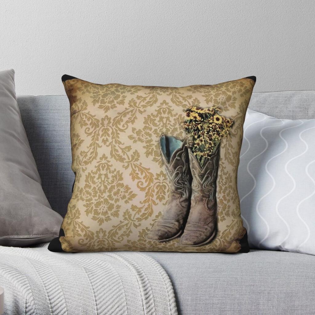 Primitive Wildflower Cowboy Boots Square Pillowcase Polyester Linen Velvet Pattern Zip Decorative Bed Cushion Cover Wholesale
