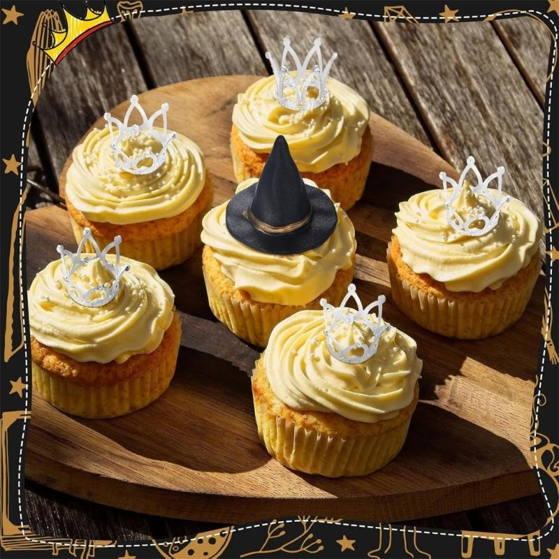 Pack of 24 Plastic Witch Hat and Crowns Cake Toppers for Birthday Party Halloween Decorations Cupcakes Accessories