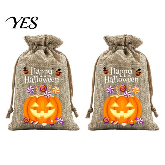 Trick or Treat Party Souvenirs 2Pcs Halloween Pumpkin Drawstring Bags for Candy Treats, Retro Burlap Cute Ghost Theme Pouches Bags, Portable