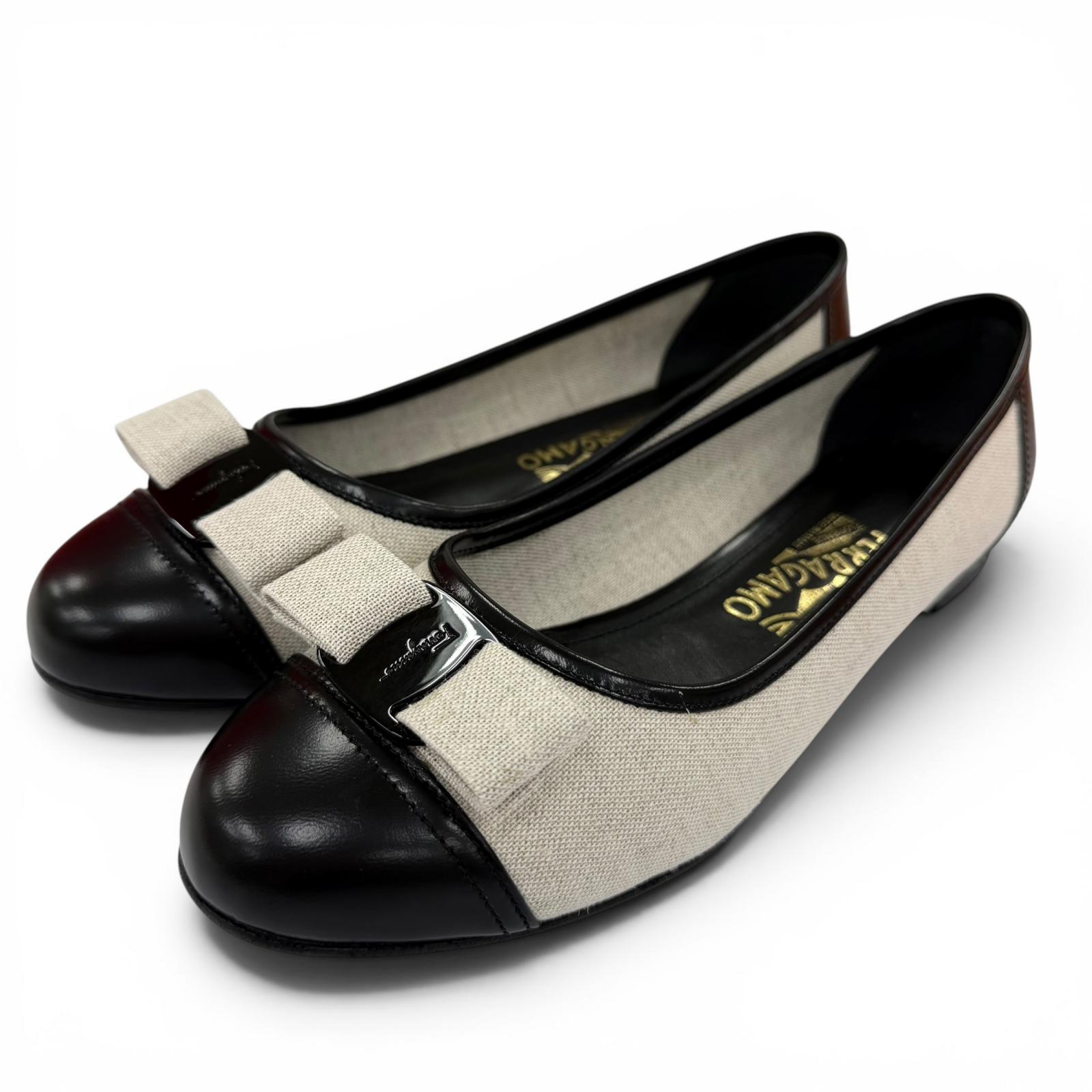 Pristine Salvatore Ferragamo Vara Ribbon Canvas Leather Flat Pumps black 8 Used