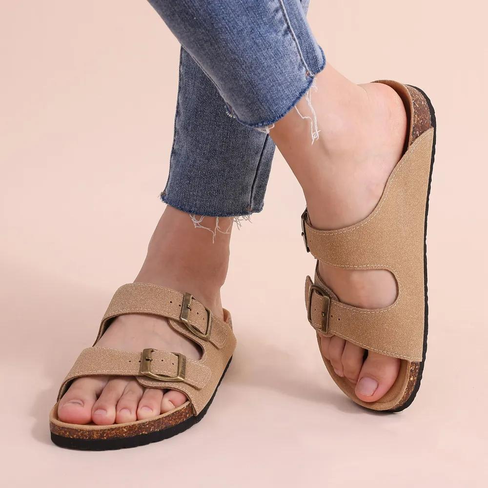 Fashion Shevalues Women's Flat Sandals Cork Footbed Suede Mules Slides With Arch Support Summer Comfort Beach Shoes Female House Slipper
