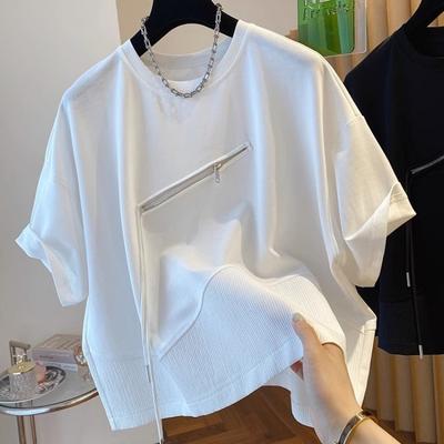 Summer Personality Irregular Patchwork Drawstring Half Zipper Loose Casual Oversized Ruffian Short Sleeved T Shirt