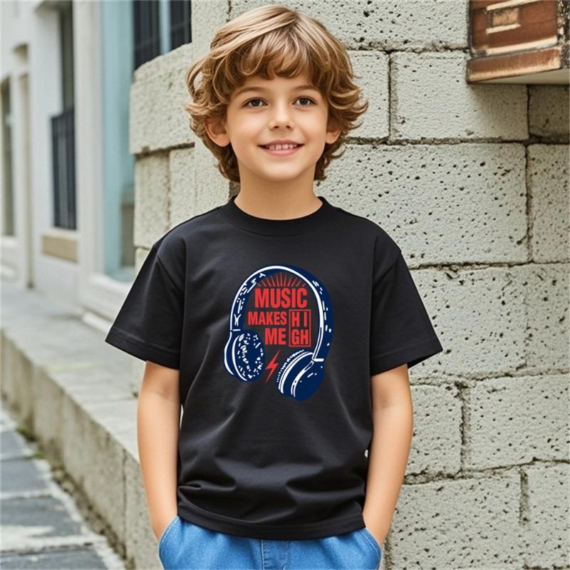 T-shirt à Manches Courtes en Coton pour Enfants avec Imprimé Graphique Écouteurs de Musique pour Ados Vêtements d'Été Décontractés à la Mode pour Garçons et Filles