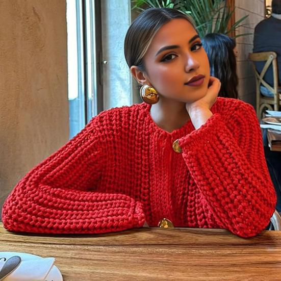 Örgü Kısa Hırka Kazak V Yaka Uzun Kollu Düğmeli Bol Kesim Kazak Cepli Mont Düz Renk Örgü