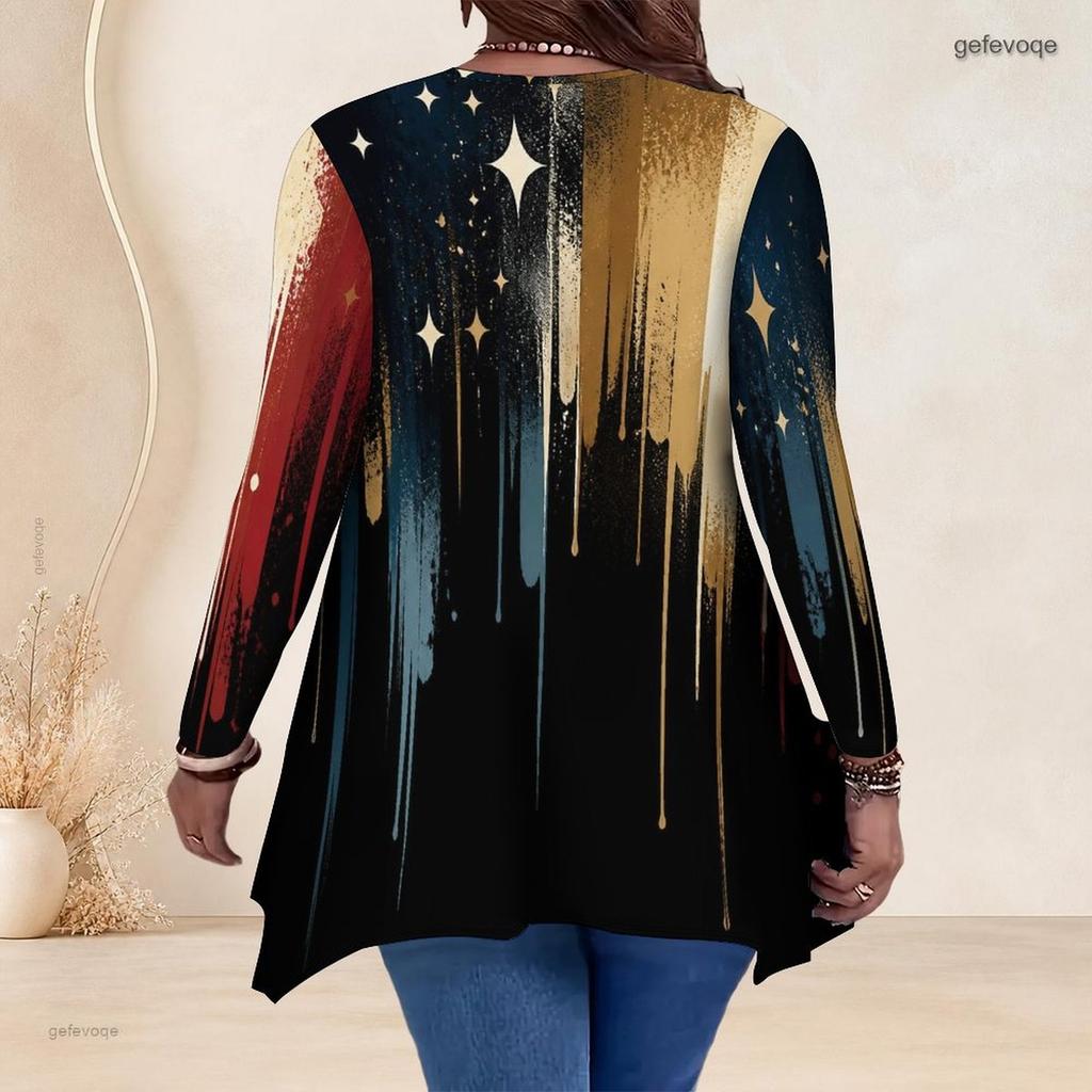 Women Plus Size V Neck Long Sleeve Colorful Printed Asymmetric Hem Flared Tunic Top
