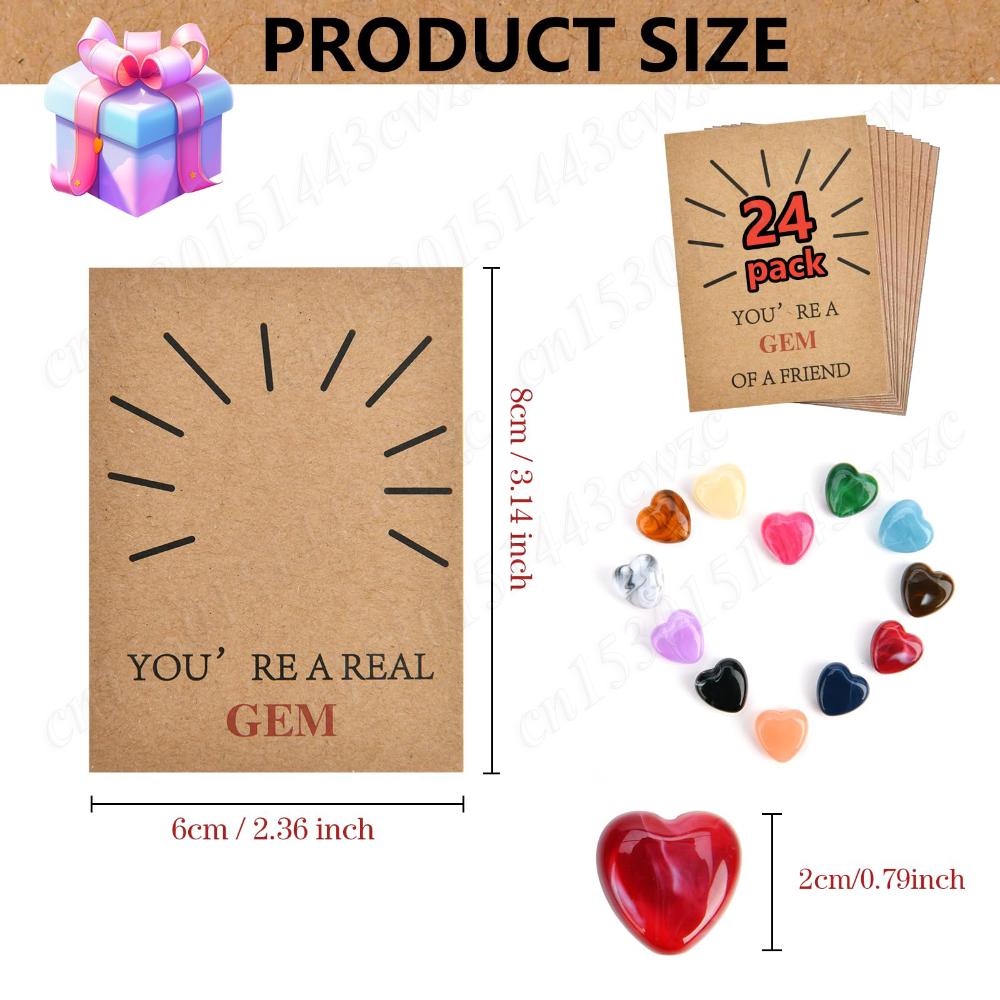 24 Pcs Valentines Gift Cards with Heart-Shape Crystal Gems Valentine Exchange Card for Boys & Girls Classroom School Party Favor