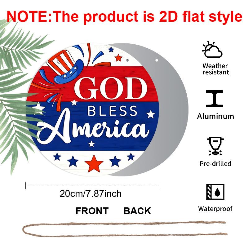 2D Flat, 4Th Of July Holiday Hanging Sign Door Sign, Patriotic Decor Sign Plaque, God Bless America, Waterproof Aluminum Plaque, Best for Porch