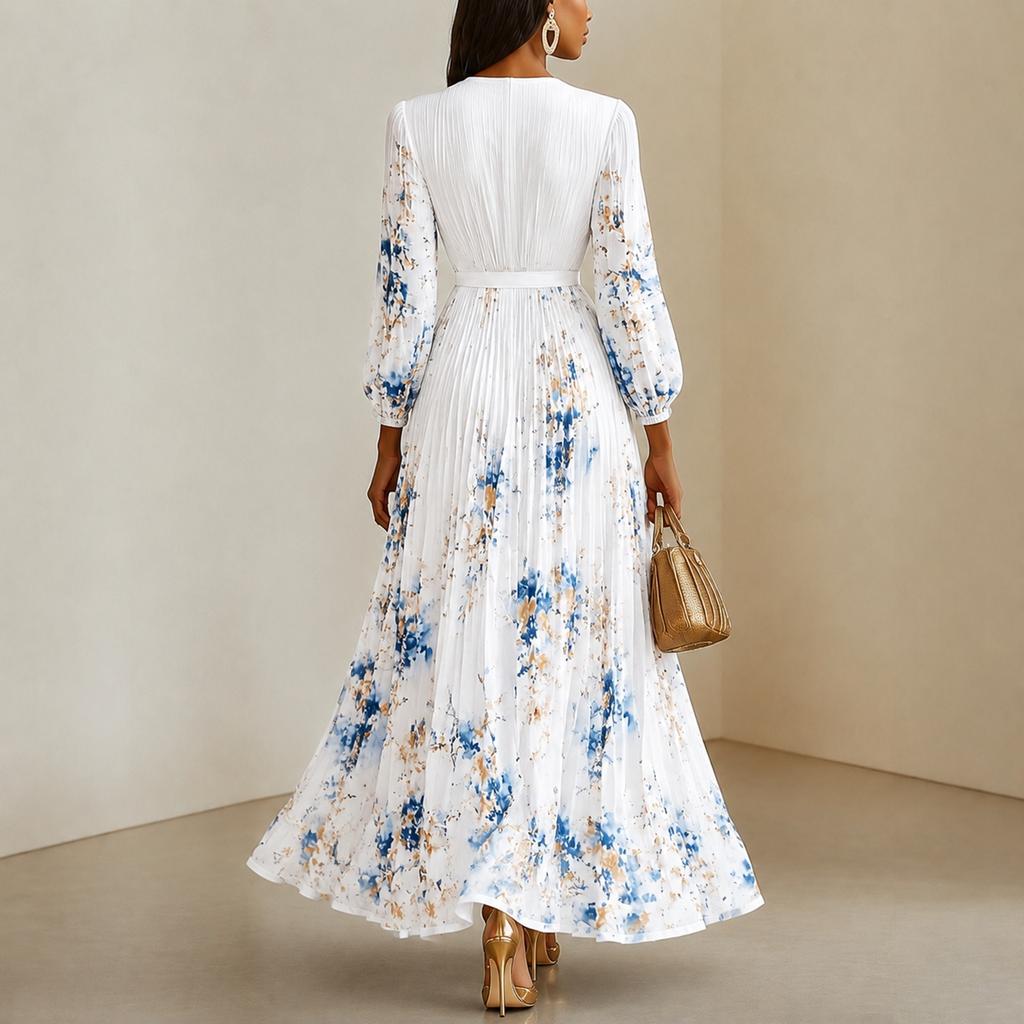 Women’s Long Sleeve Floral Print Maxi Dress with V Neck and Pleated Skirt for Spring and Autumn Holiday Wear