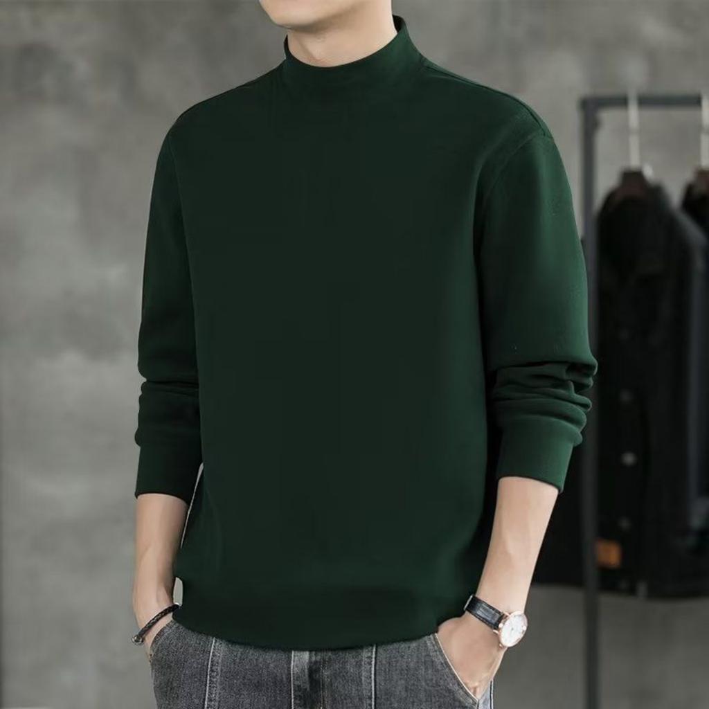 Men's Solid-color Casual High-neck Fitted Long-sleeved T-shirt, Men's Fleece Warm Base Layer Top