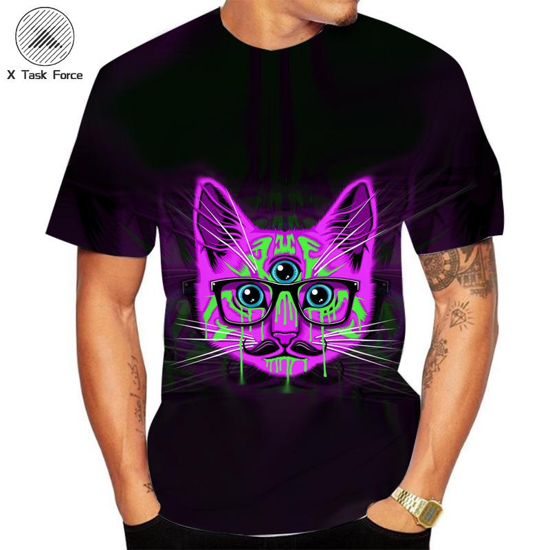 Summer Round Neck 3D Cat Printed Top Fashionable Casual Short Sleeved Men's T-shirts