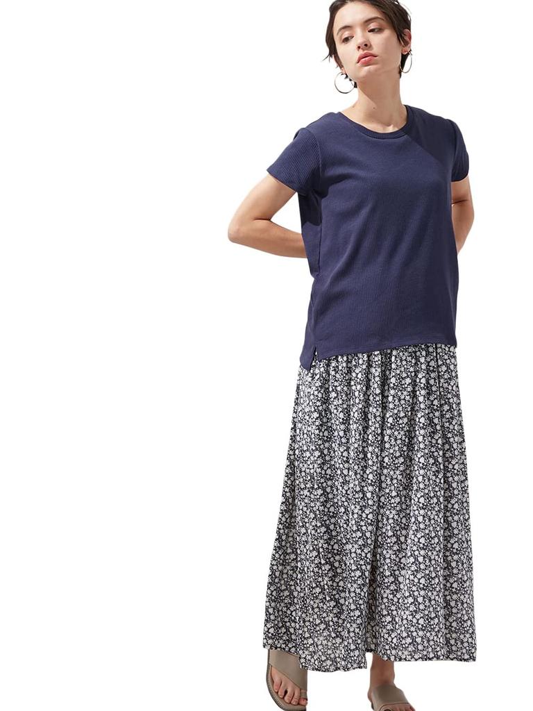 Maternity Nursing Clothes One Piece Coordination Easy Ribbed Floral Skirt Docking Long Short Sleeve One Piece Navy x Black 29992601 [ANGELIEBE]
