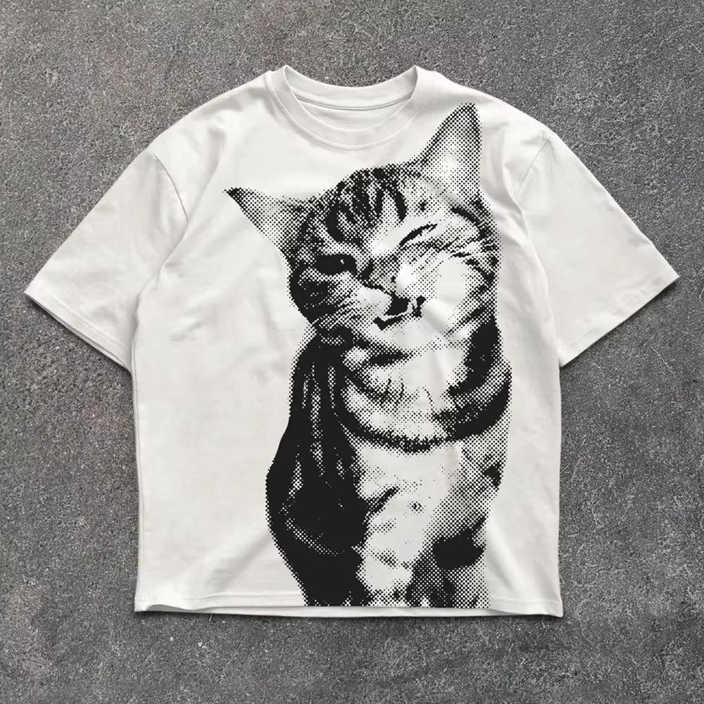 Summer Harajuku Letter Graphic T Shirts Y2k Tops Cat Print Unisex High Street Oversized T Shirt Streetwear Vintage Tee Clothing