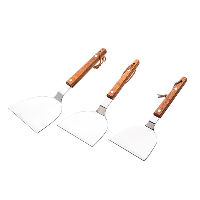 1Pieces Multi-purpose Stainless Steak Cooking Spatula Wood Handle Pizza Shovel Pancake Beef Turner Scraper Outdoor Tableware