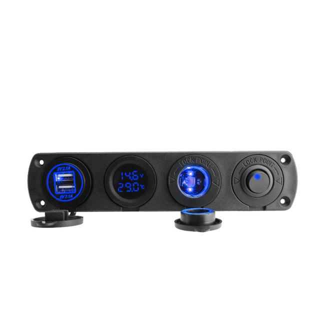 4 Holes Switch Panel Dual USB LED Port 12V Power Socket Digital Thermometer Voltmeter  for Boat Car Truck