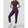 Womens Quick Dry Stretchy Yoga Set Short Sleeve T-shirt High Waist Pants Gym Workout Activewear