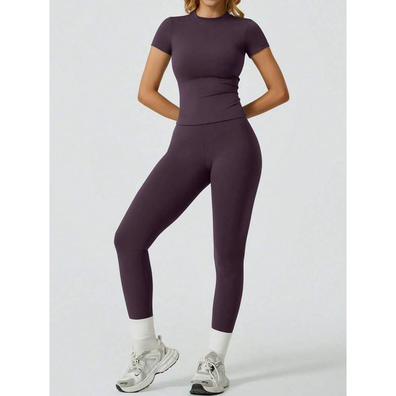 Womens Quick Dry Stretchy Yoga Set Short Sleeve T-shirt High Waist Pants Gym Workout Activewear