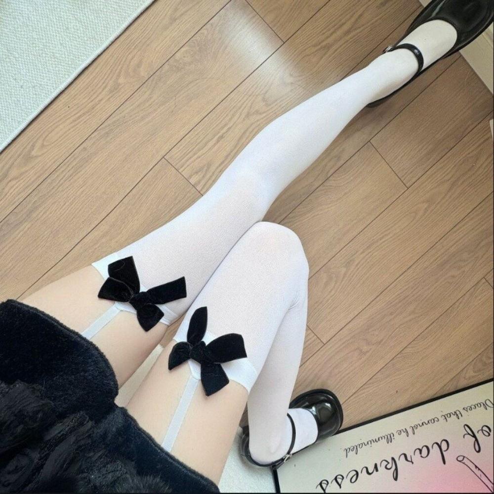 Elastic Thigh High Stockings Lolita Style Knee High Socks Sexy Bowknot Suspender Stockings  Women