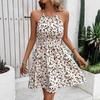 Vintage Halter Mini Dress Dalmatian Leopard Print Smocked High Waist Slim Fit A-Line Flowy Sleeveless Sweet Casual Beach Vacation Holiday Sundress