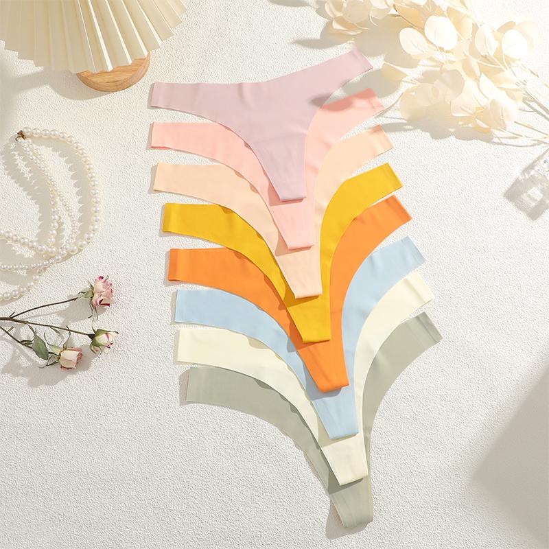 5PCS Women Ice Silk Seamless Underpants Panties Sexy V-Waist Sport Thongs Low Rise 10 Soild Colours Breathable G-string