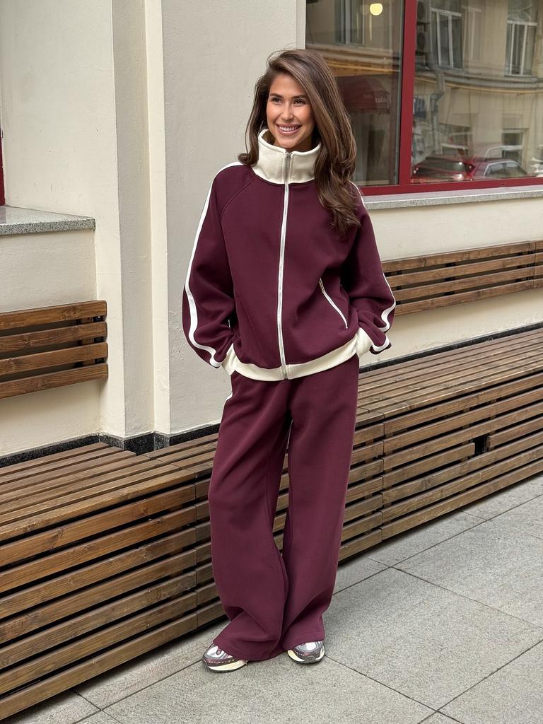 American retro lazy neutral wind contrasting color lapel sweater set women's high-end loose straight trousers two-piece set