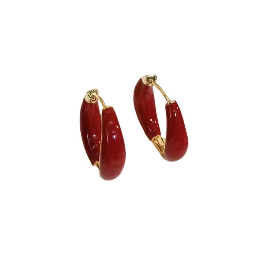 Elegant Red Oil Drip Hoop Earrings for Women - Trendy Luxury Design