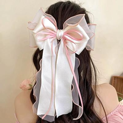 Lace Hair Bow Clip Coquette Fashion Bow Barrettes with Long Tail Ribbon for Women Christmas Valentines Wedding Prom Accessories