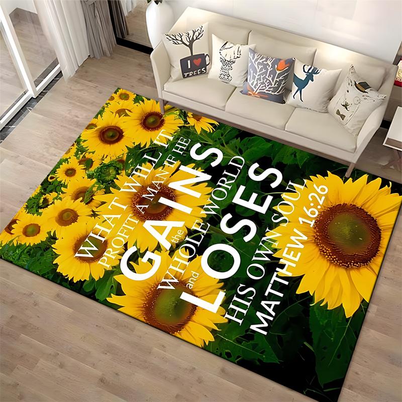 Sunflower Field with Inspirational Quote Rug - Non-slip Rug Suitable for Living Room and Bedroom Sofas.