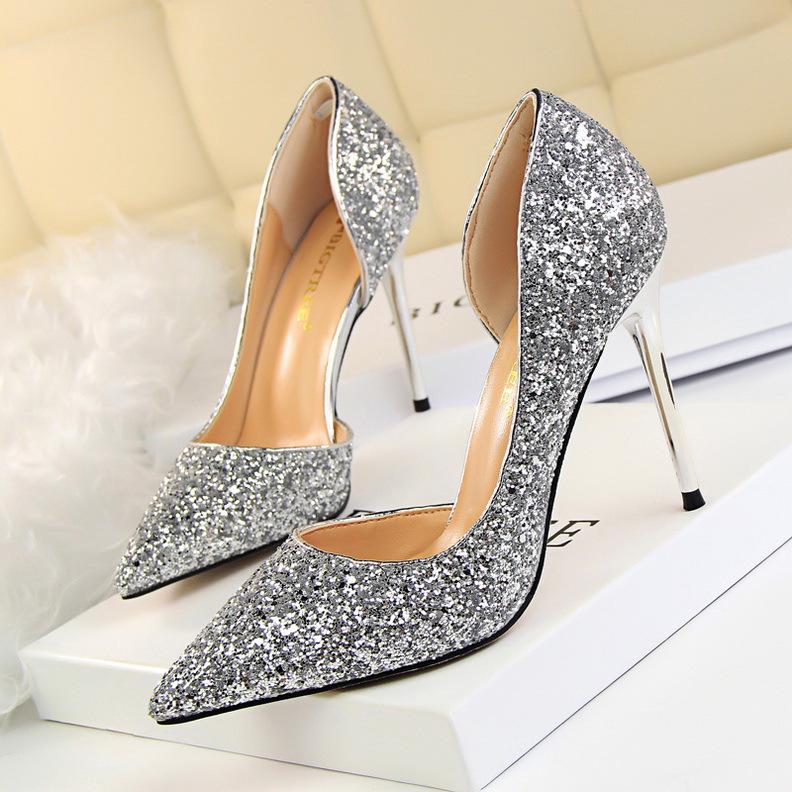 Bigtree Women's Thin Heel 9.5CM High Heel Shallow Mouth Pointed Side Cut Out Sequin High Heel Shoes