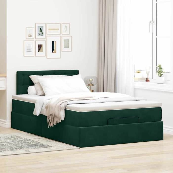 Exclusive House - Ottoman Bed Frame with Dark Green Mattress 120x200 Cm Velvet