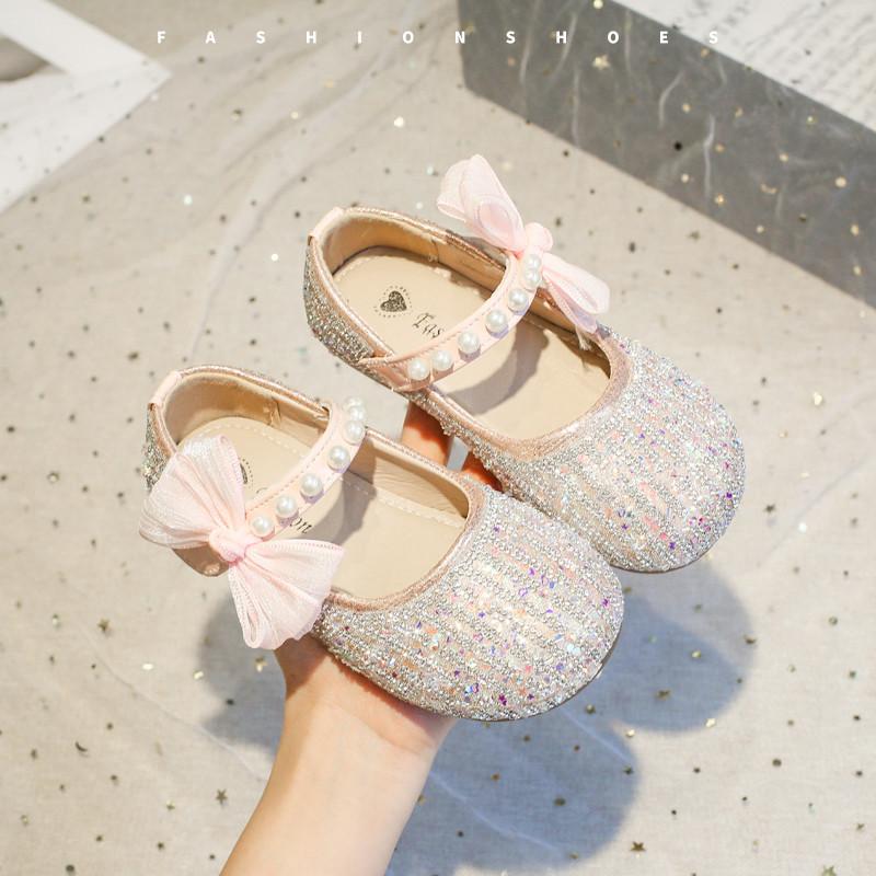 Girls Shiny Princess Shoes Little Kids Mary Jane Shoes for Party Wedding Fashion Children Sweet Pearls Shoes with Bow-knot