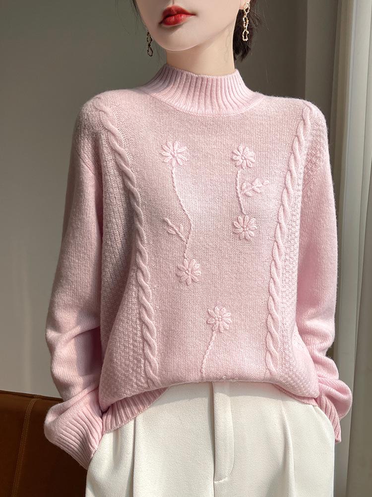 Women's Pure Wool Semi-High Neck Jacquard Pullover Sweater - Thickened, Loose Fit