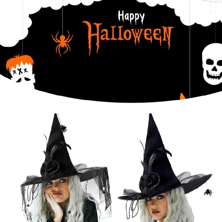 Halloween Witch Caps for Adult Unisex Tulle Wizard Hat Roleplaying Pointed Hat Theme Party Family Gathering Festival Hat