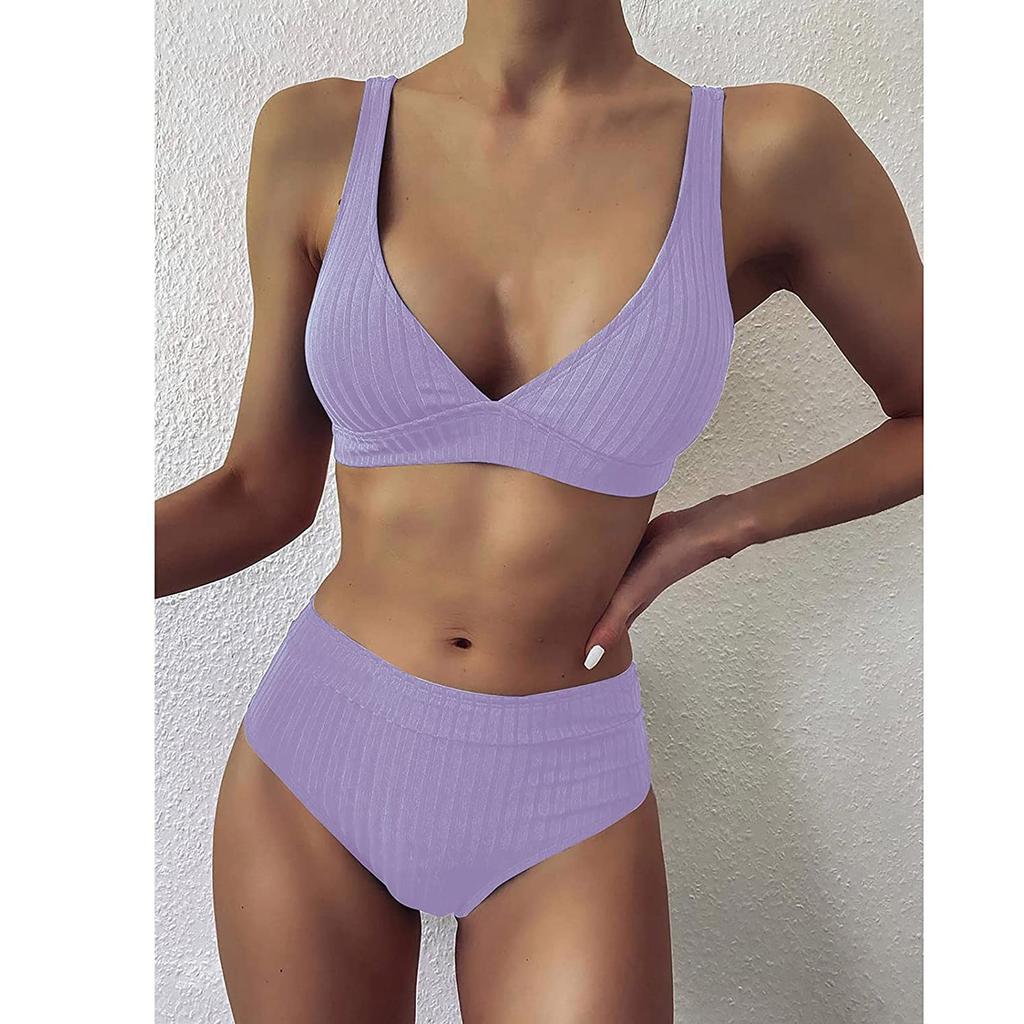 Women's Solid Colours High-Breasted Straps Bikini Set Two-Piece Swimsuit