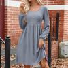 Women's Fashion Round Neck Casual Slim Solid  Waist Long Sleeve Dresses
