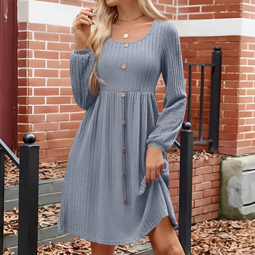 Women's Fashion Round Neck Casual Slim Solid  Waist Long Sleeve Dresses