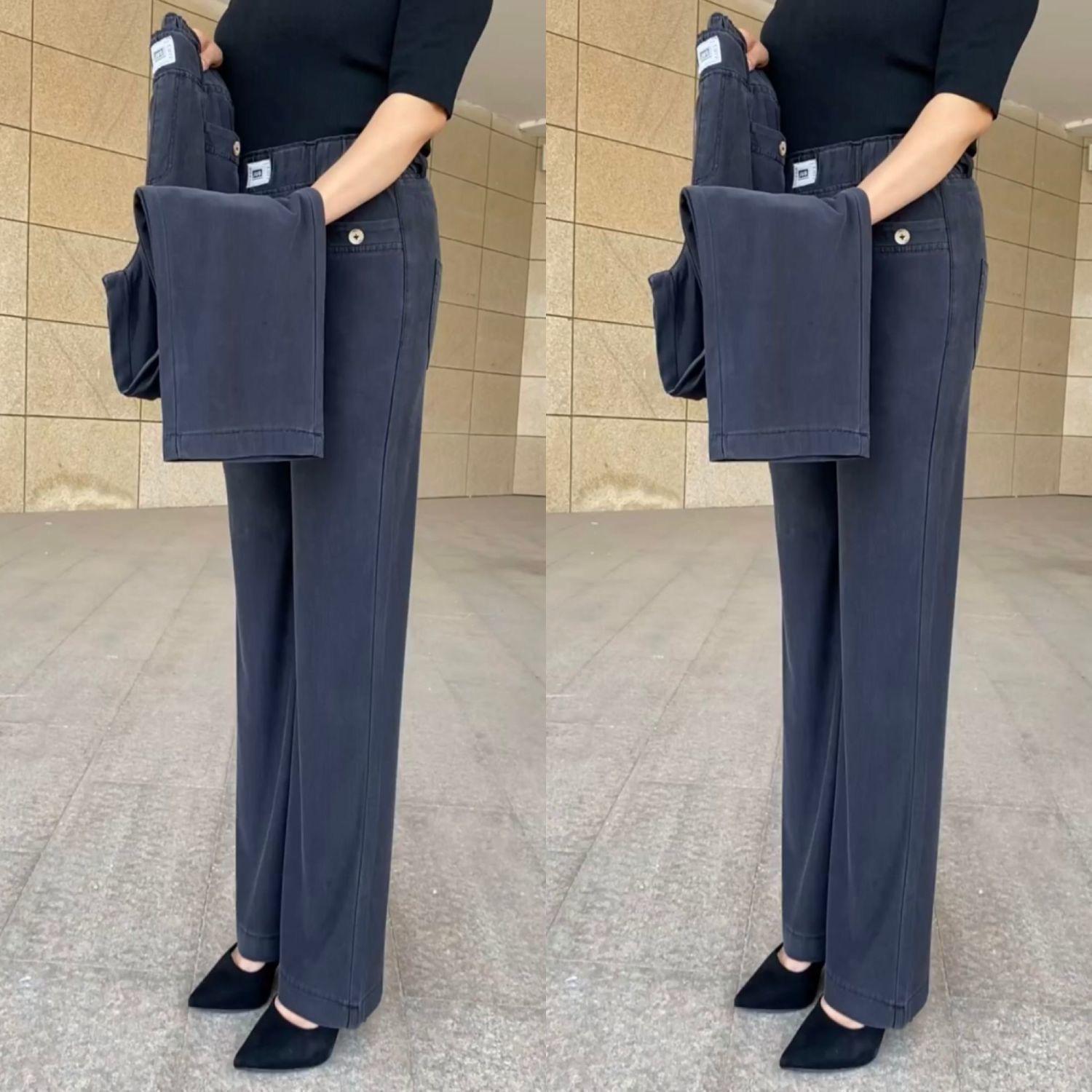 

Женские джинсы из ледяного шелка на весну/лето - больших размеров, прямого кроя, с эластичной талией, супермягкие, повседневного облегающего кроя. L сине серый