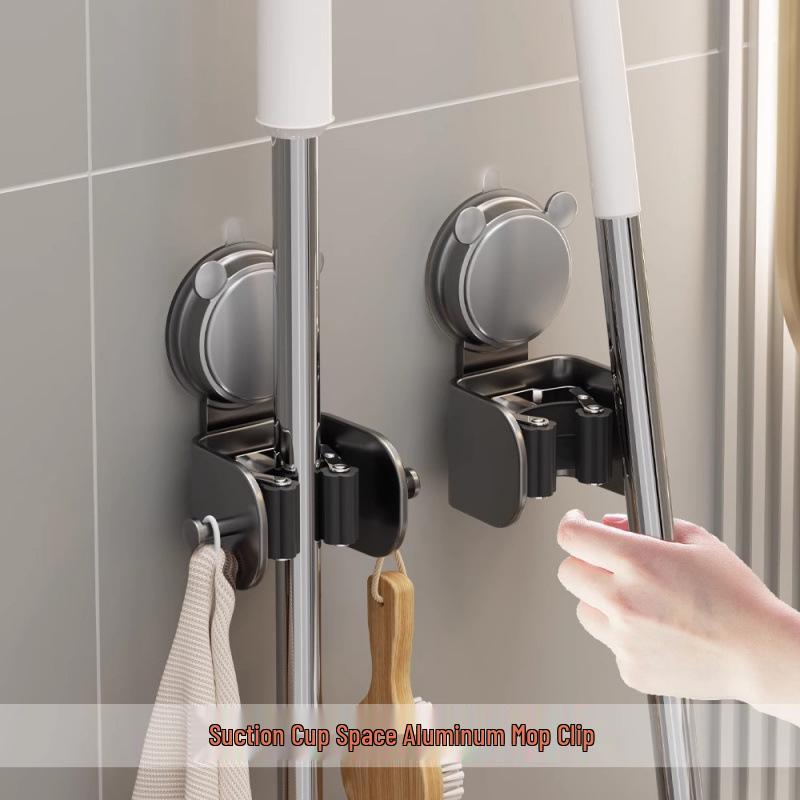 No-Punch Suction Mop & Broom Holder for Bathroom & Balcony Gun Grey - Mop Holder No Hook